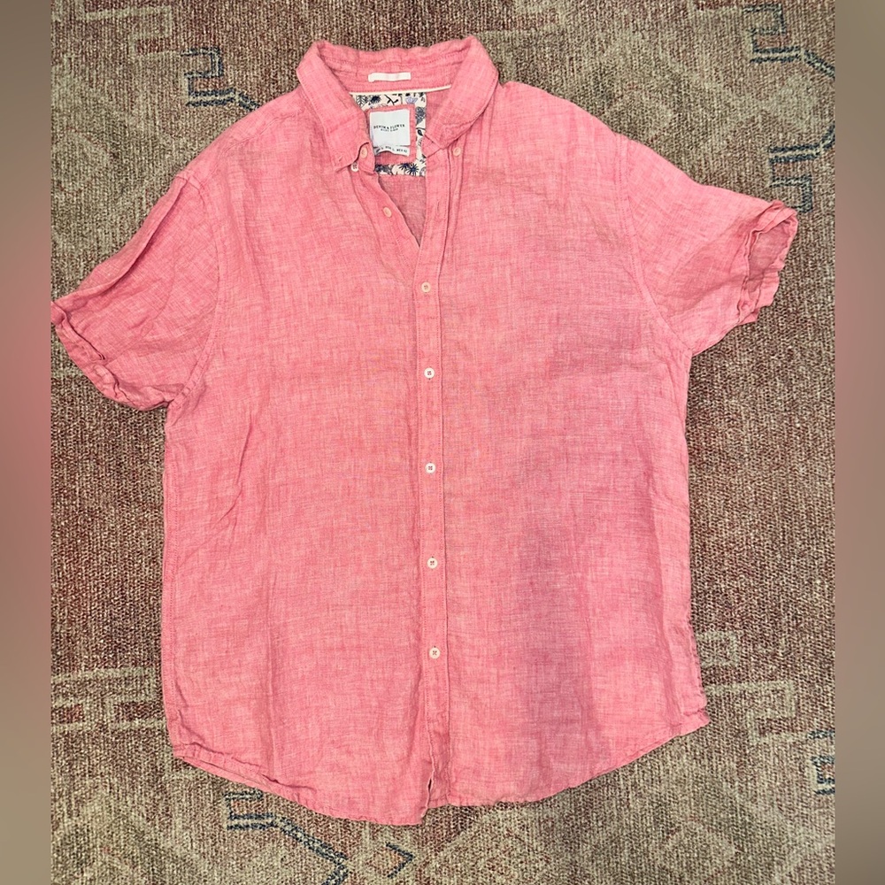 Denim & Flower by Ricki Singh pink linen button down mens shirt size large